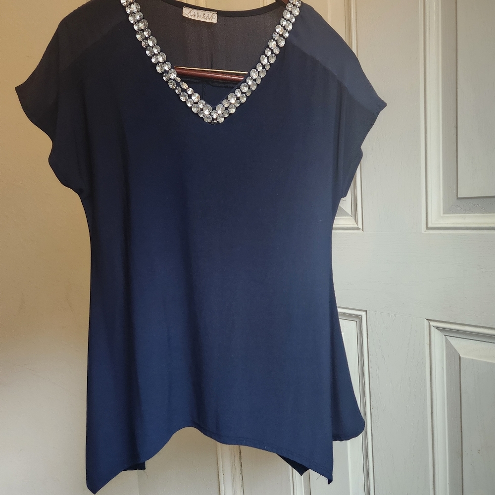 Lavish Navy Blue Bejeweled V-Neck Top Size Medium